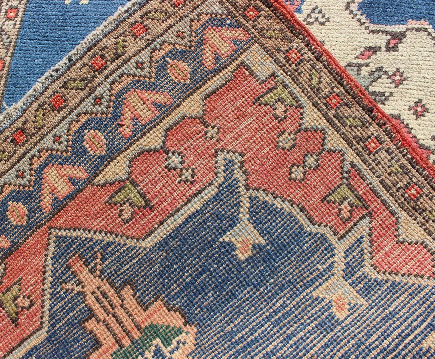Wool Grand Dual Medallion Oushak Vintage Runner from Turkey in Red and Blue For Sale