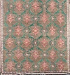 All-Over Design Vintage Turkish Oushak Rug in Hunter Green and Salmon Pink