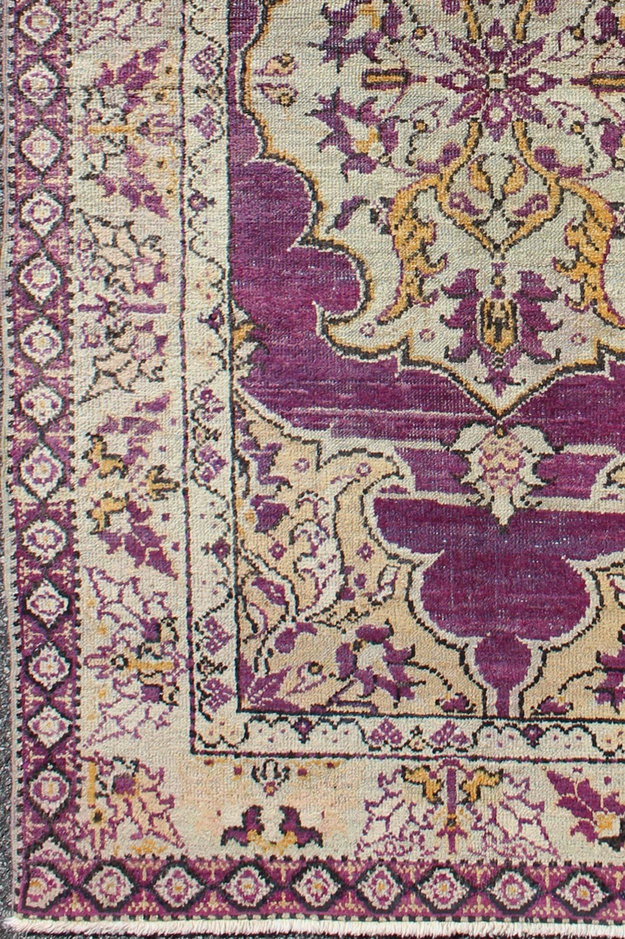Purple Background Vintage Turkish Oushak Rug with Floral Medallion Design. Keivan Woven Arts rug#EN-141041, country of origin / type: Turkey / Oushak, circa 1940

Measures: 3'7 x 6'

This sublime and enchanting vintage rug, a gorgeous Oushak rug