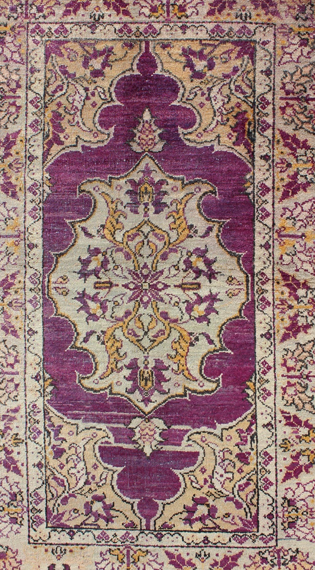 Hand-Knotted Purple Background Vintage Turkish Oushak Rug with Floral Medallion Design For Sale