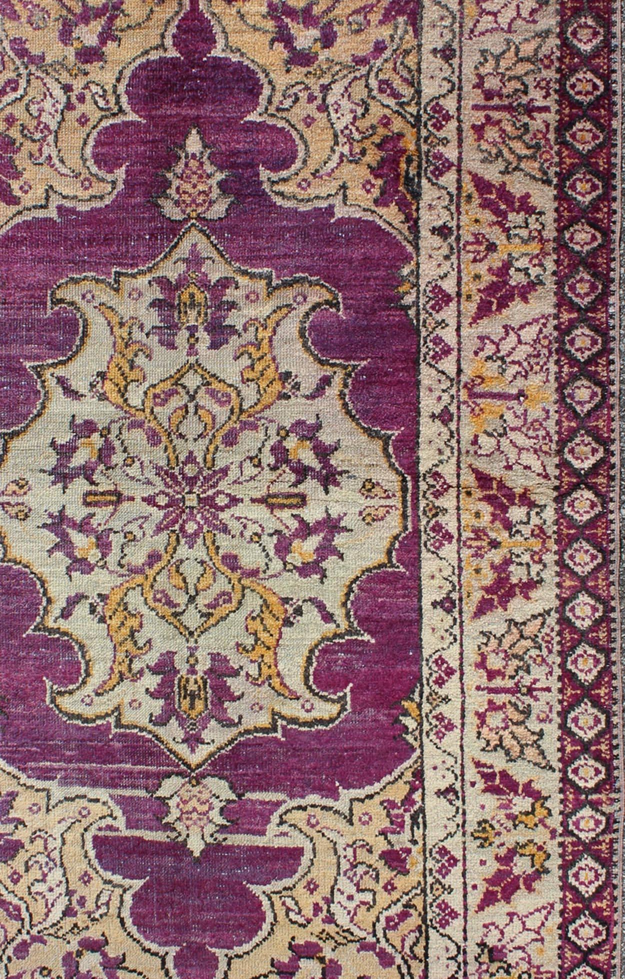 Purple Background Vintage Turkish Oushak Rug with Floral Medallion Design In Excellent Condition For Sale In Atlanta, GA