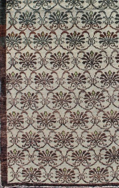 Vintage Turkish Oushak Rug with All-Over Design in Chocolate Brown, Ivory, Green