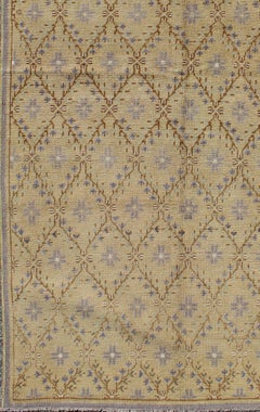 Vintage Turkish Oushak Rug with Lattice Blossom Design in Camel and Lavender