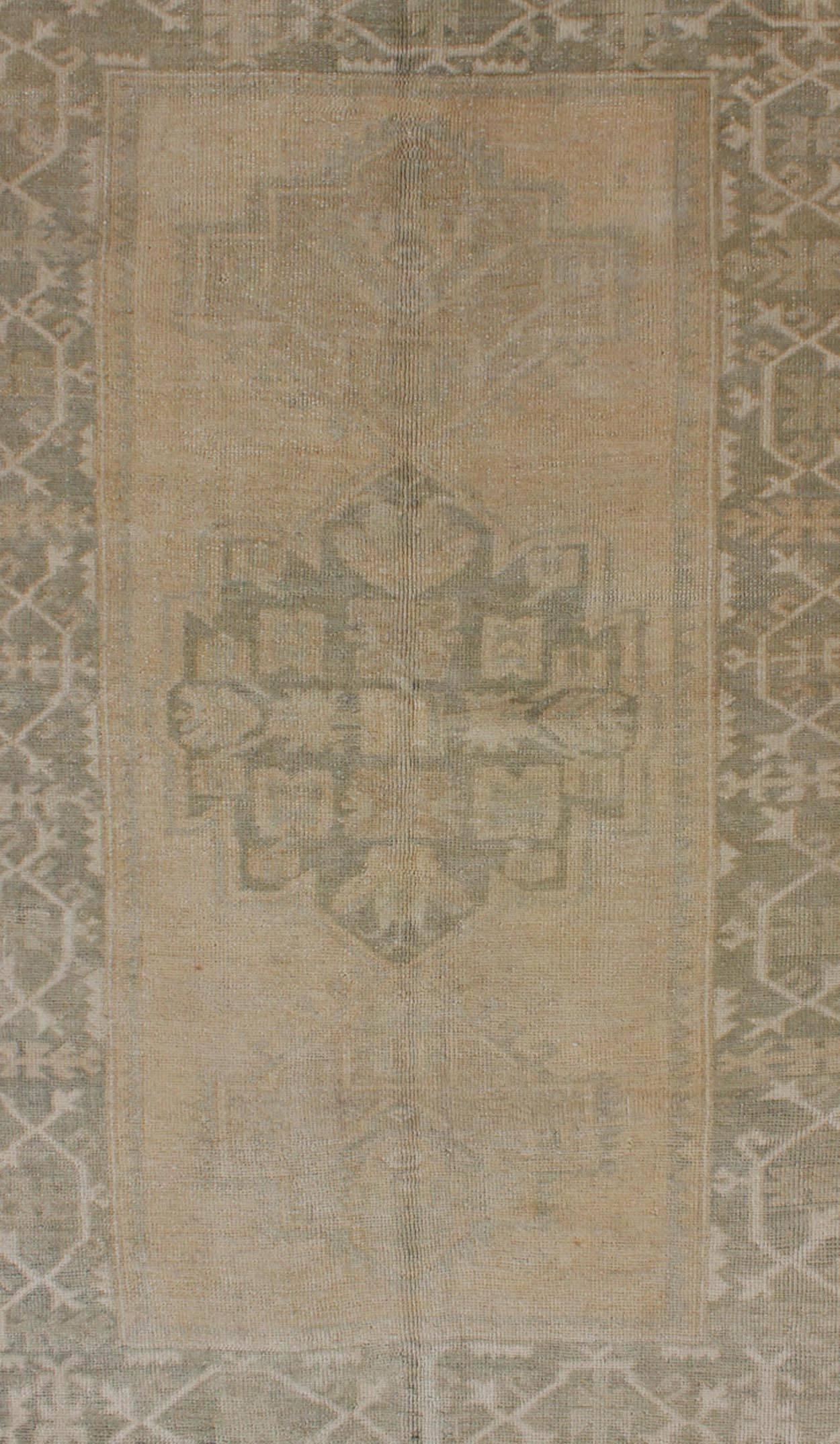 Hand-Knotted Medallion Vintage Turkish Oushak Rug in Taupe, Green and Sand Colors For Sale