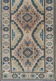Teal, Green, Blue and Yellow Vintage Turkish Oushak Runner with Geometric Design