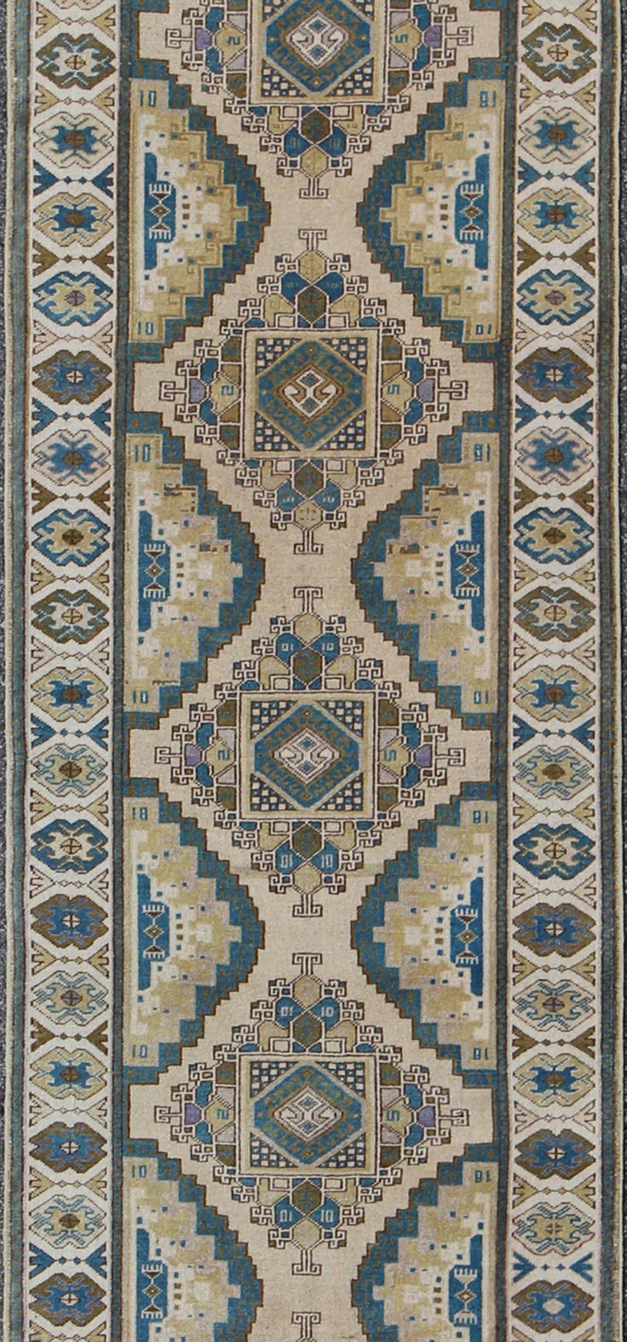 Hand-Knotted Teal, Green, Blue and Yellow Vintage Turkish Oushak Runner with Geometric Design For Sale