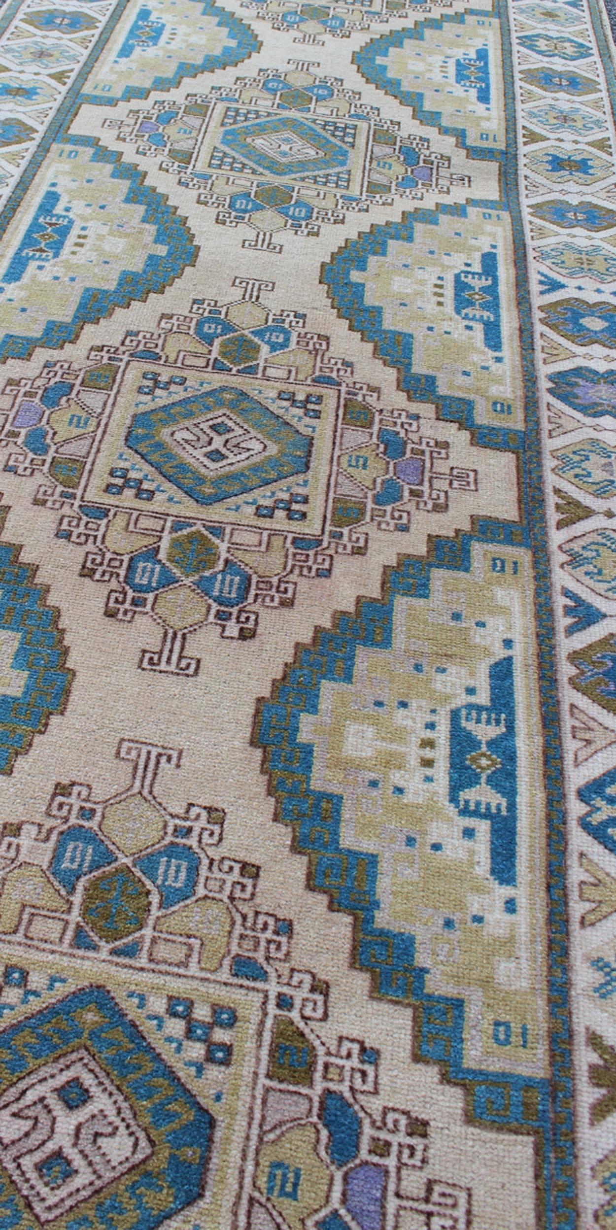 Teal, Green, Blue and Yellow Vintage Turkish Oushak Runner with Geometric Design In Excellent Condition For Sale In Atlanta, GA