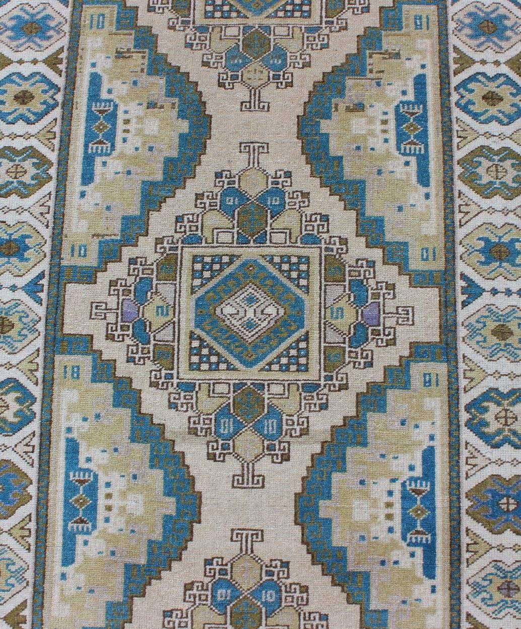 Mid-20th Century Teal, Green, Blue and Yellow Vintage Turkish Oushak Runner with Geometric Design For Sale