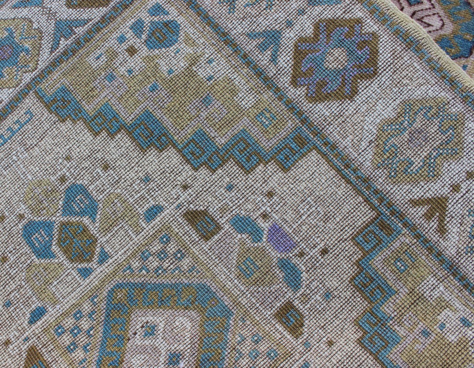 Laine Tapis de couloir turc Oushak vintage sarcelle, vert, bleu et jaune au design géométrique en vente