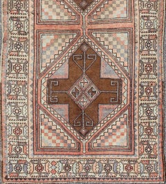 Multicolored Vintage Long Turkish Oushak Runner with Cross Shapes Design