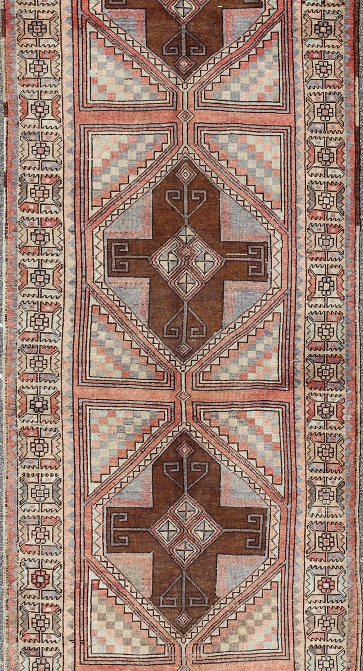 Hand-Knotted Multicolored Vintage Long Turkish Oushak Runner with Cross Shapes Design For Sale