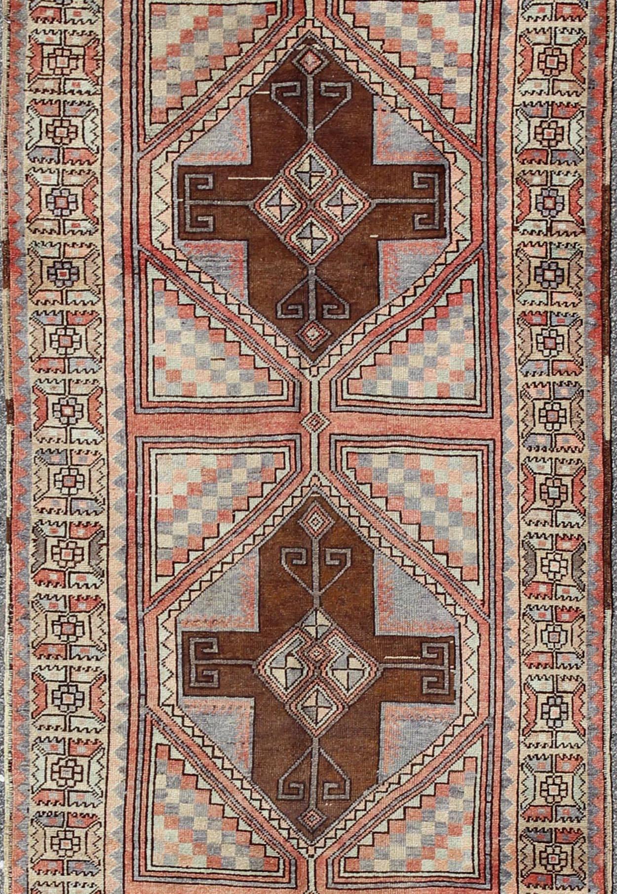 Multicolored Vintage Long Turkish Oushak Runner with Cross Shapes Design In Excellent Condition For Sale In Atlanta, GA