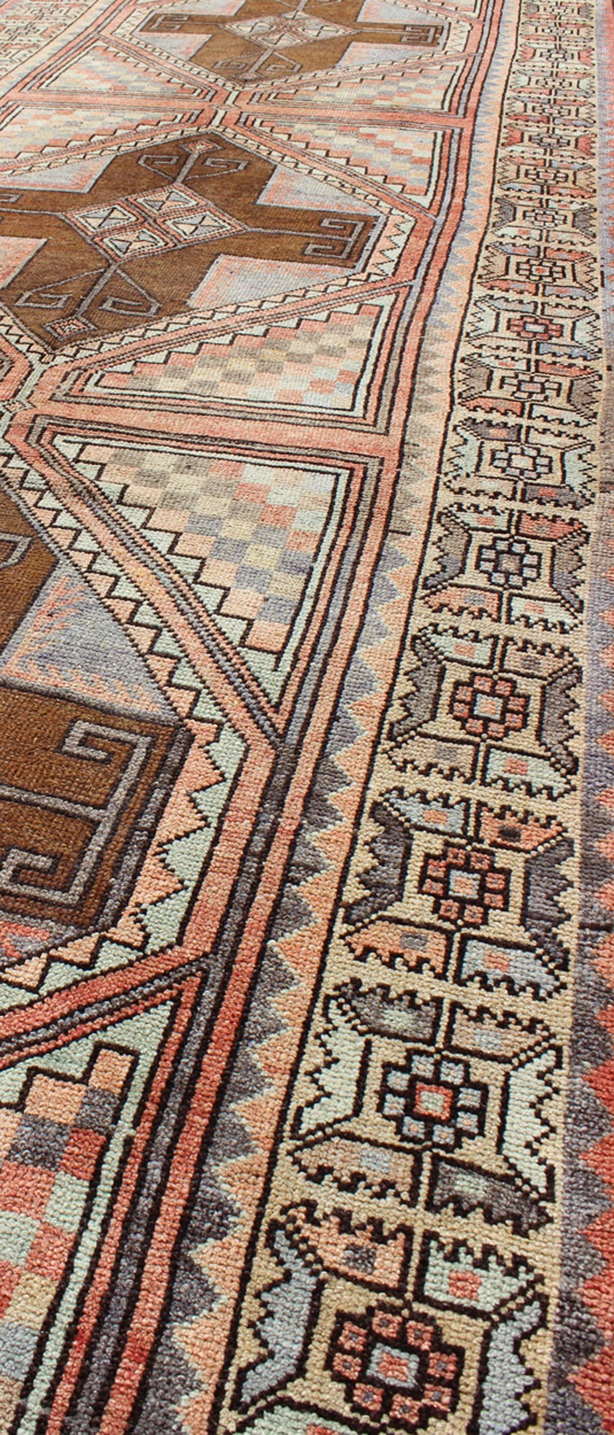 Mid-20th Century Multicolored Vintage Long Turkish Oushak Runner with Cross Shapes Design For Sale