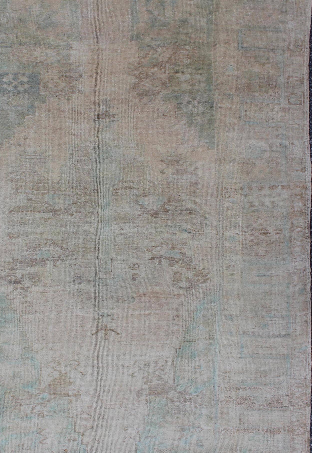 Hand-Knotted Pale Color Vintage Turkish Oushak Rug With Layered Medallion in Teal, Taupe