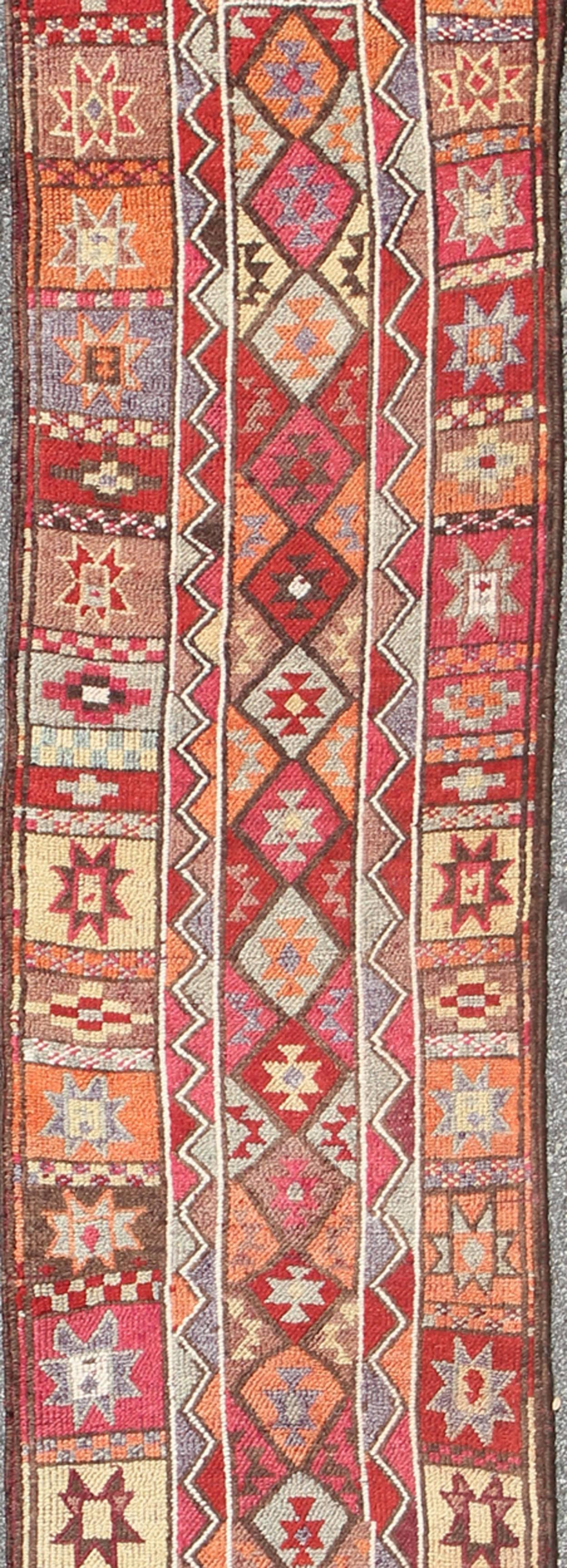 Multicolored Midcentury Turkish Kurdish Oushak Runner with Diamonds and Stars In Excellent Condition For Sale In Atlanta, GA