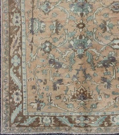 Vintage Turkish Oushak Rug in Faded Sand, Aqua, and Pale Brown 5'1" x 7'8"