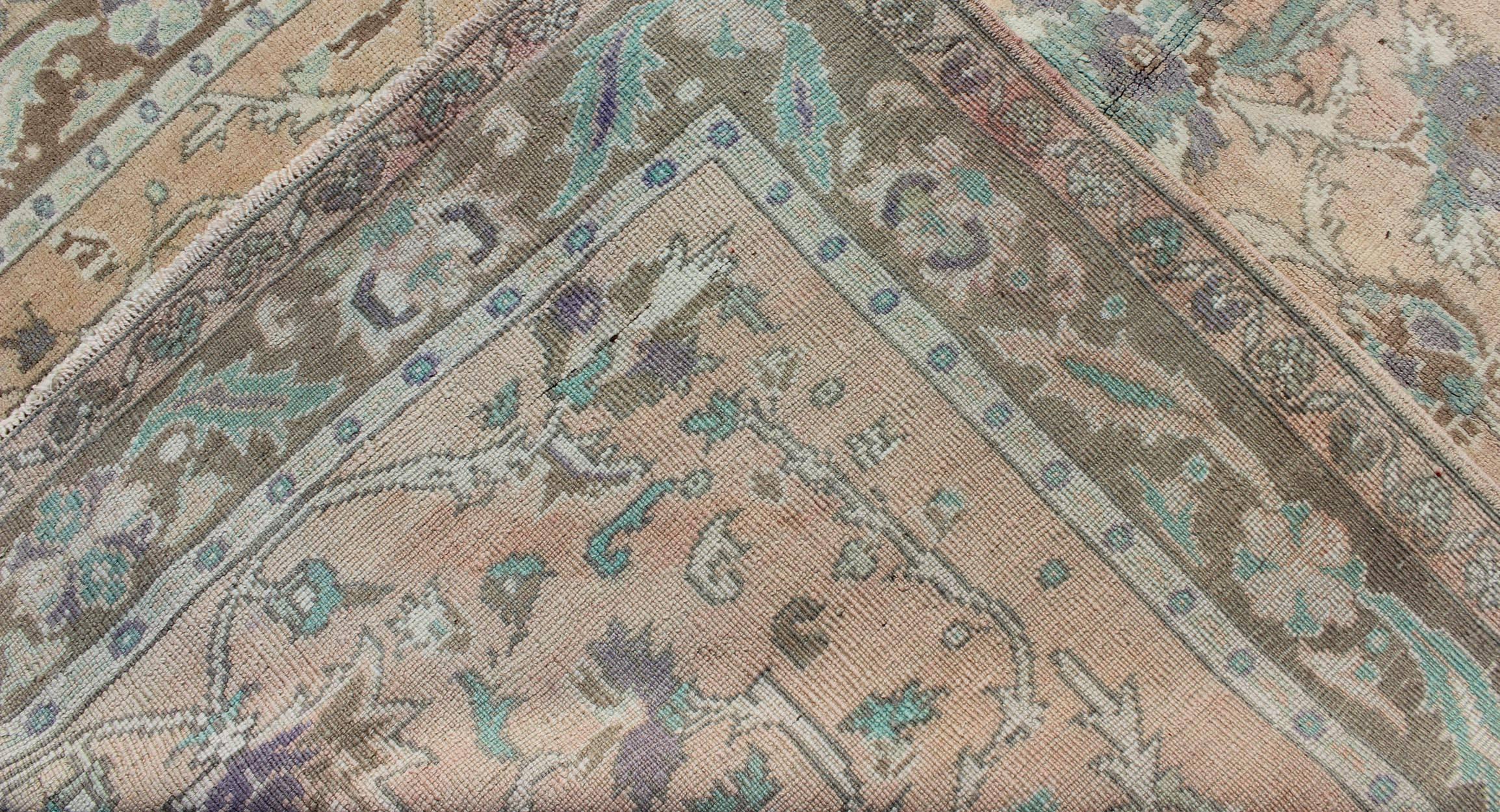 Wool Elegant Floral Vintage Turkish Oushak Rug in Cream, Green, Light Peach and Brown For Sale