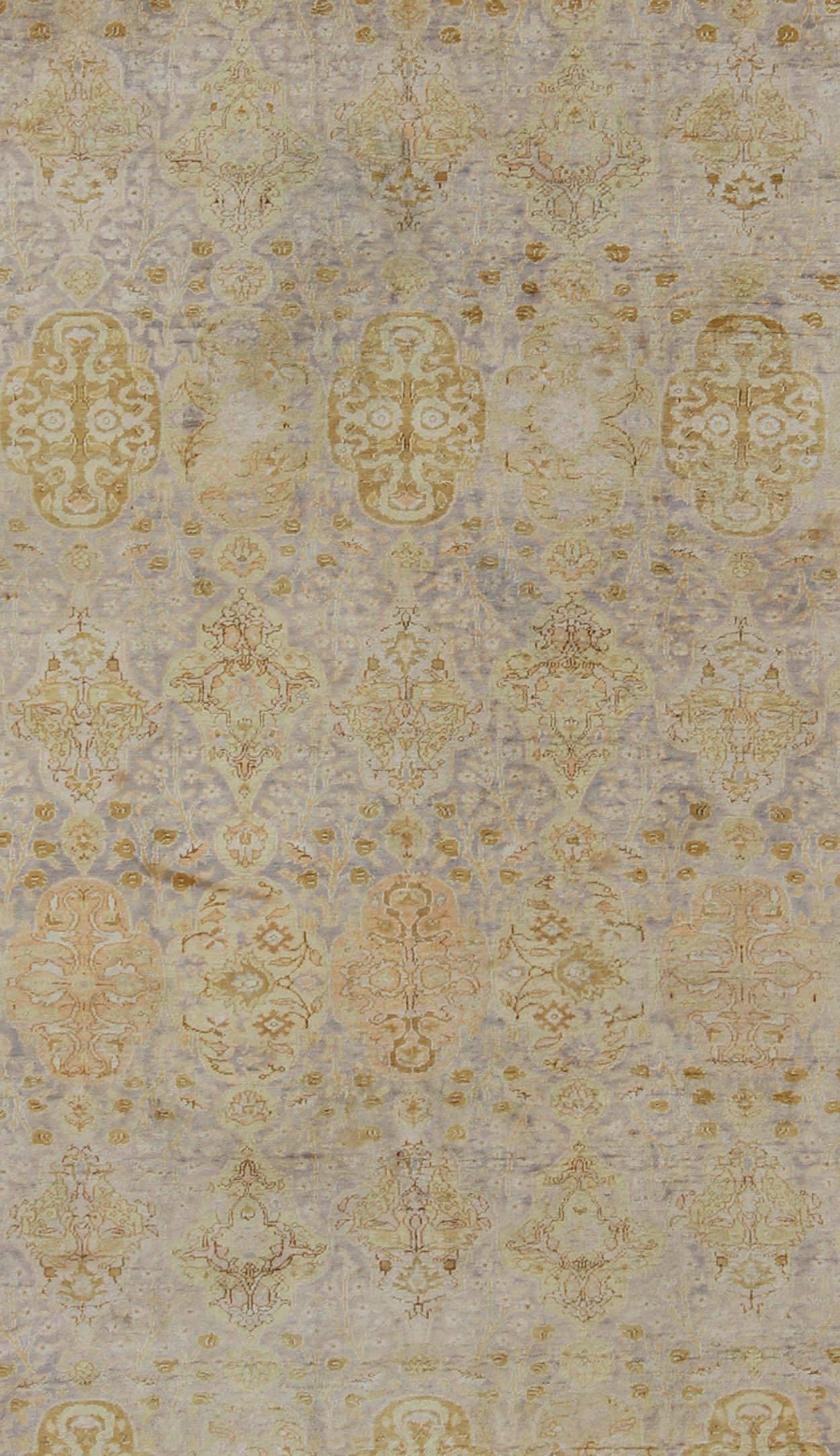 Oushak Silk Turkish Sivas with All-Over Stylized Design in Gold, Lavender and Cream For Sale