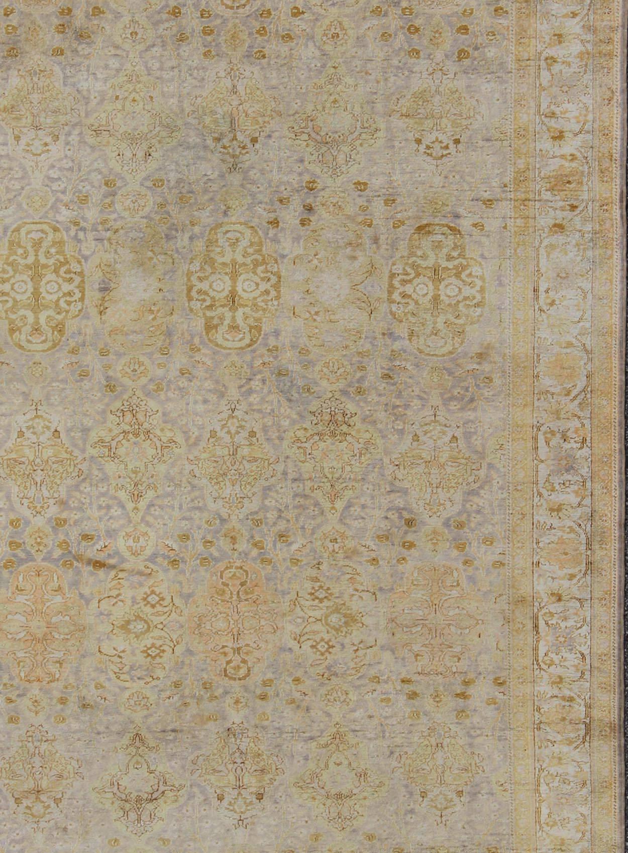Hand-Knotted Silk Turkish Sivas with All-Over Stylized Design in Gold, Lavender and Cream For Sale