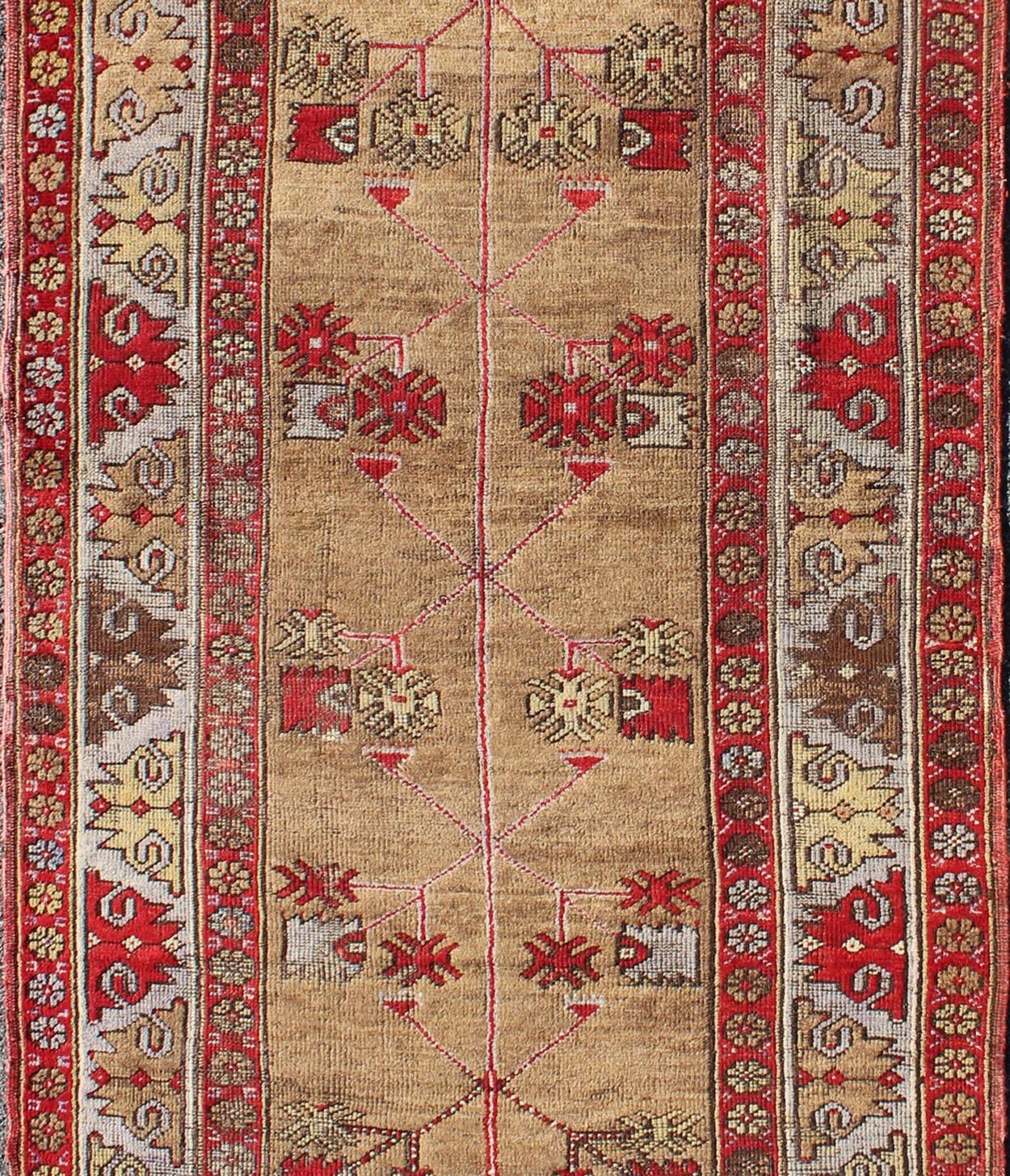 Hand-Knotted Antique Turkish Oushak Runner in Camel Background, Red & Gray For Sale