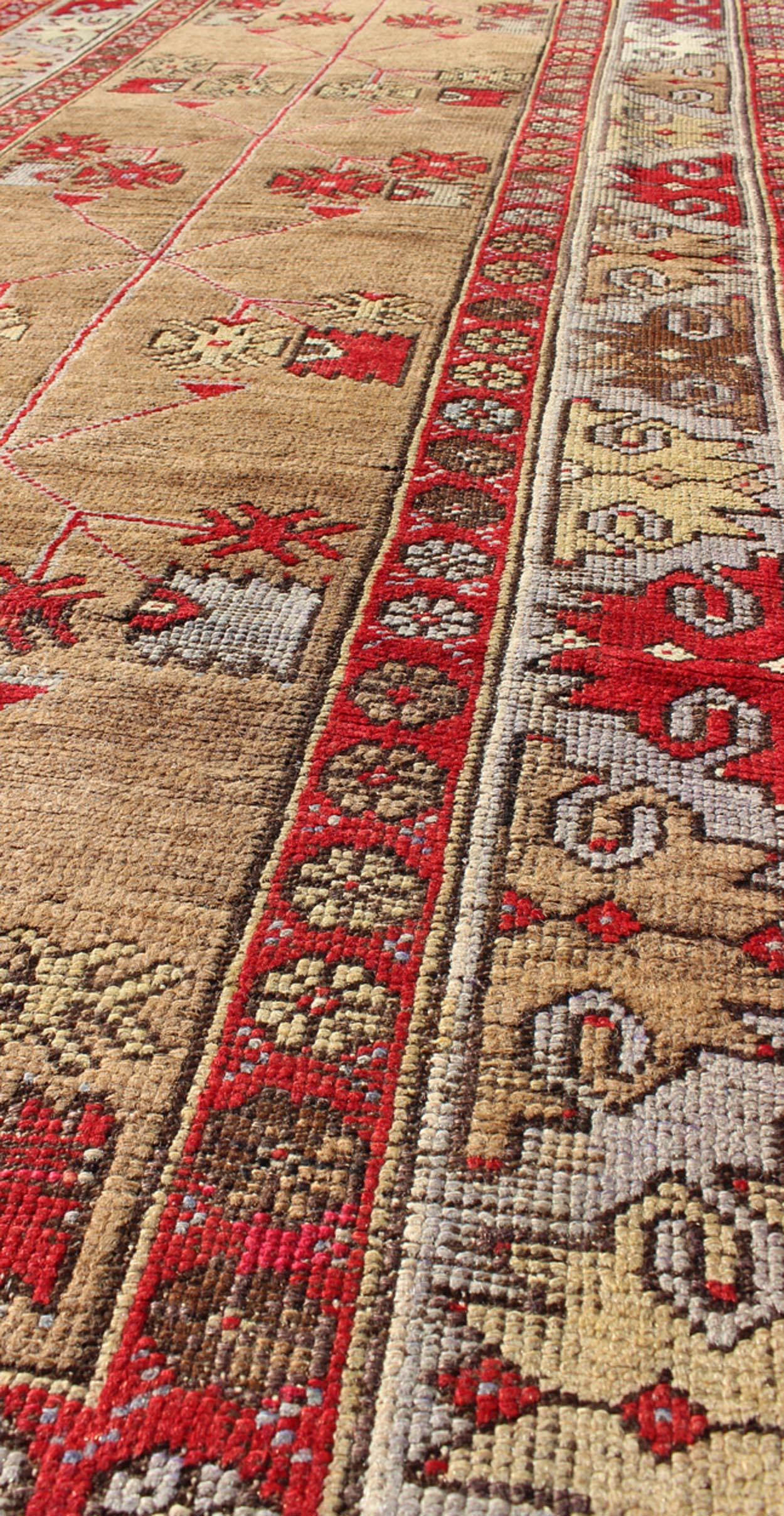 20th Century Antique Turkish Oushak Runner in Camel Background, Red & Gray For Sale