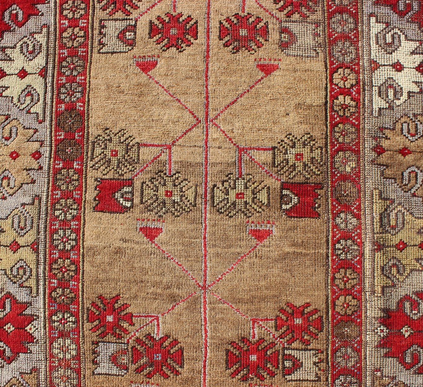 Wool Antique Turkish Oushak Runner in Camel Background, Red & Gray For Sale