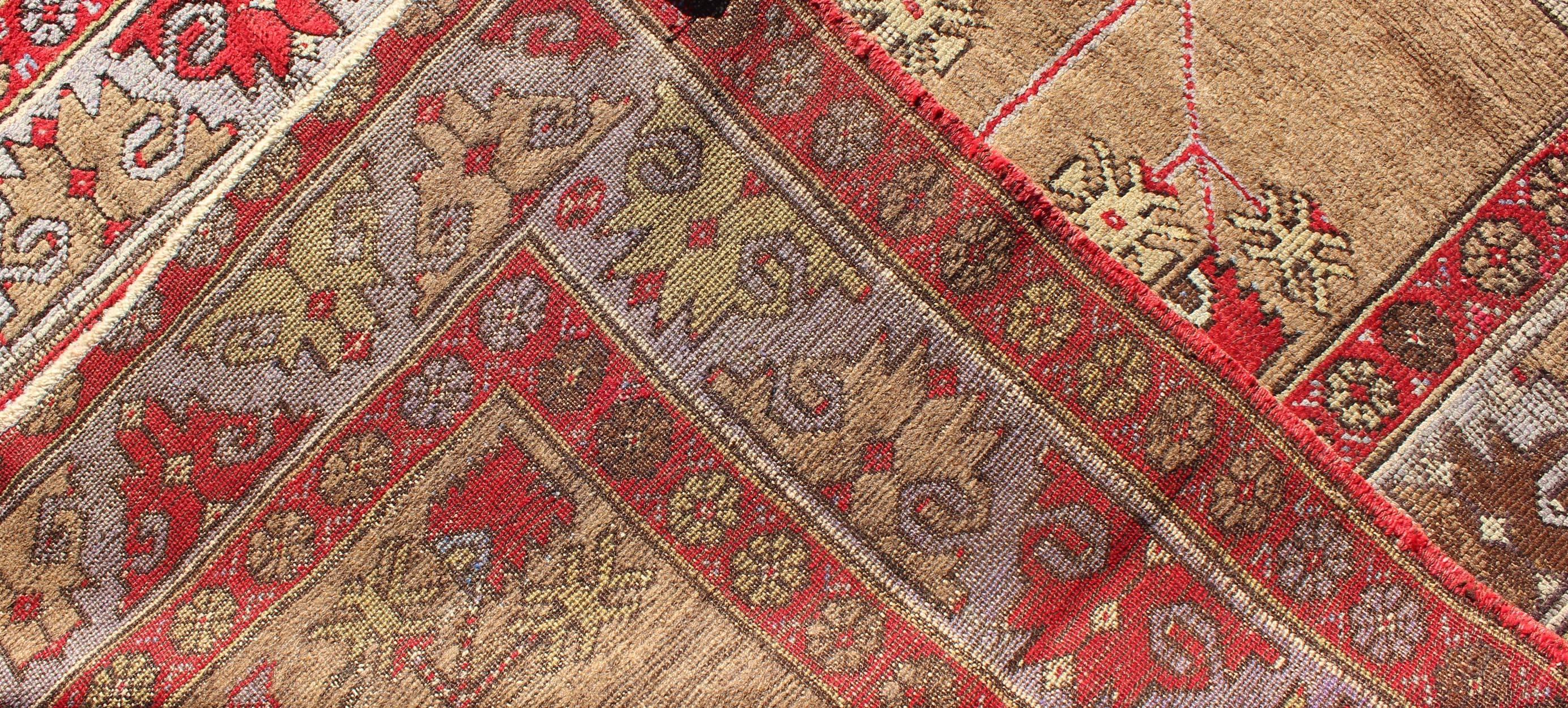 Antique Turkish Oushak Runner in Camel Background, Red & Gray For Sale 1