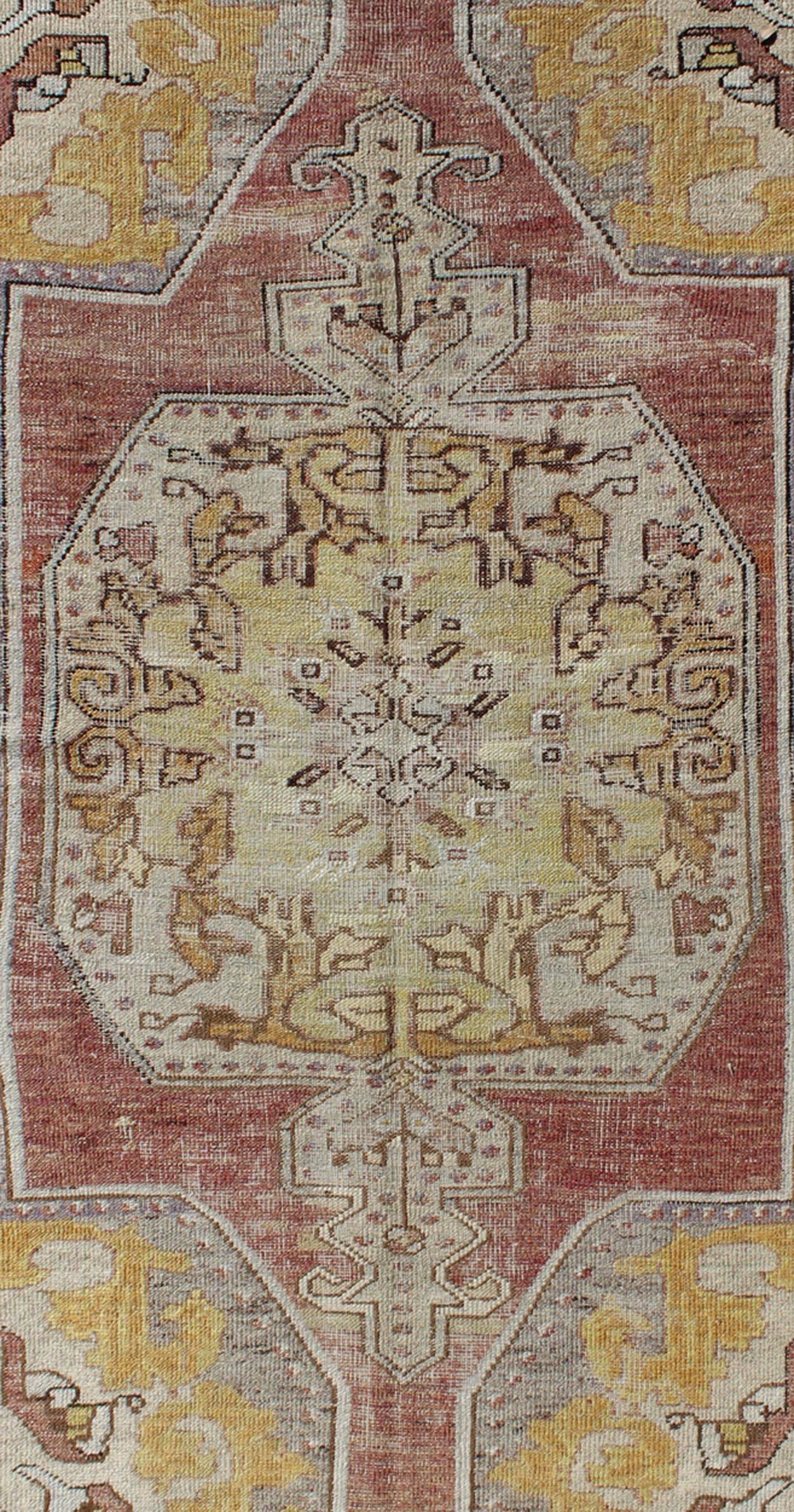 Hand-Knotted Green, Brown and Yellow Vintage Turkish Oushak Rug with Center Medallion