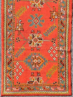 Bright Red Antique Turkish Oushak Runner with Sub-Geometric Tribal Motifs