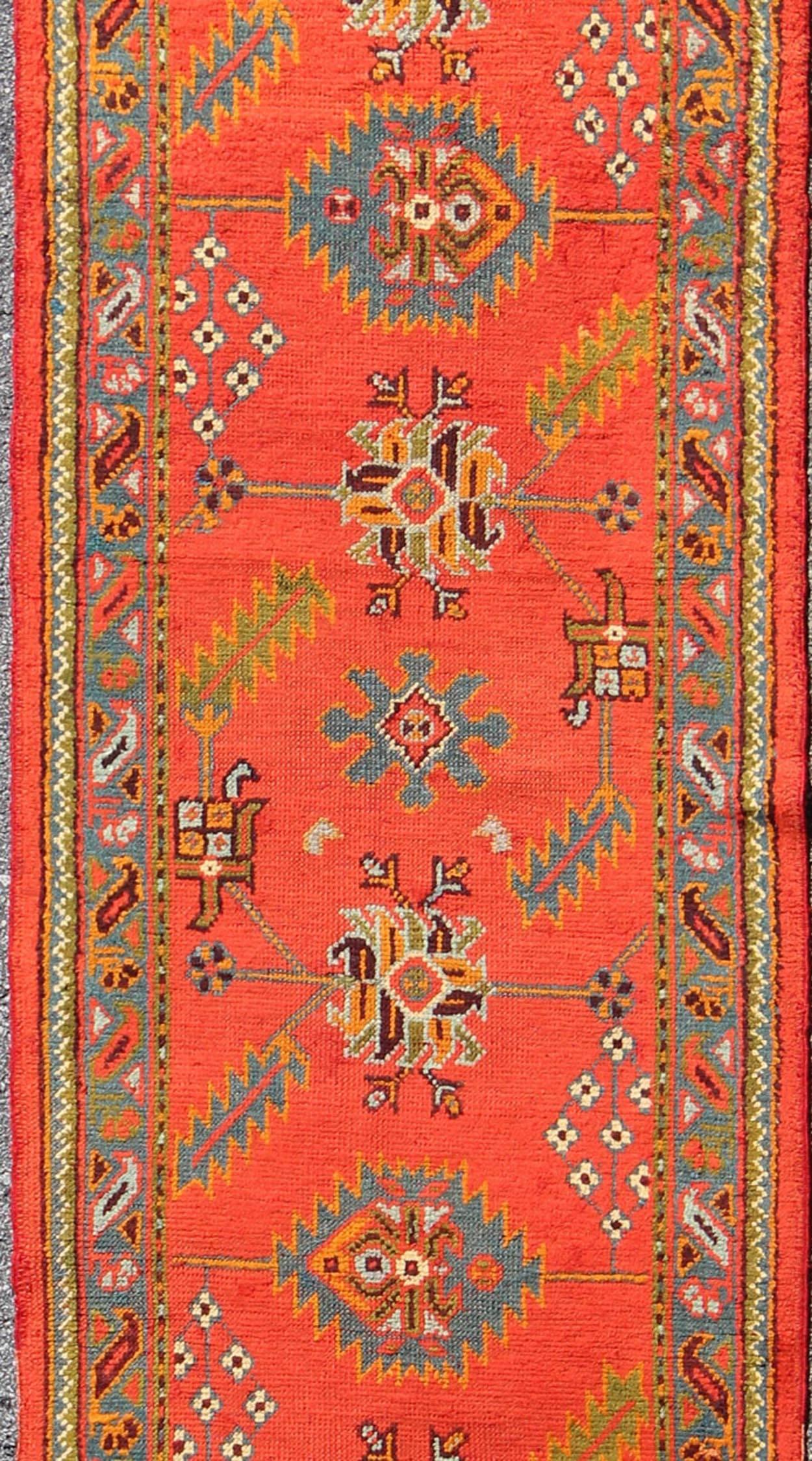 Bright Red Antique Turkish Oushak Runner with Sub-Geometric Tribal Motifs In Excellent Condition For Sale In Atlanta, GA