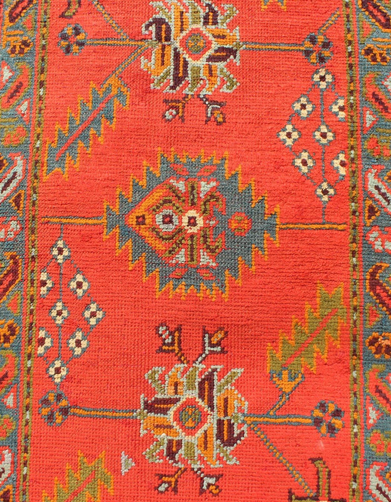 Wool Bright Red Antique Turkish Oushak Runner with Sub-Geometric Tribal Motifs For Sale