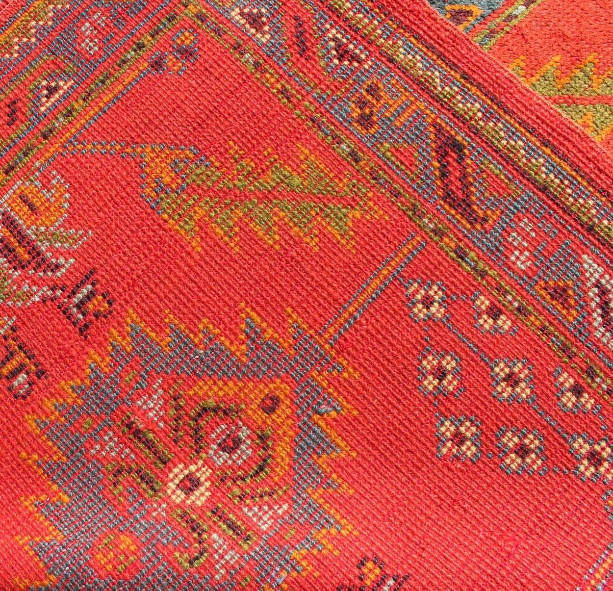 Bright Red Antique Turkish Oushak Runner with Sub-Geometric Tribal Motifs For Sale 1