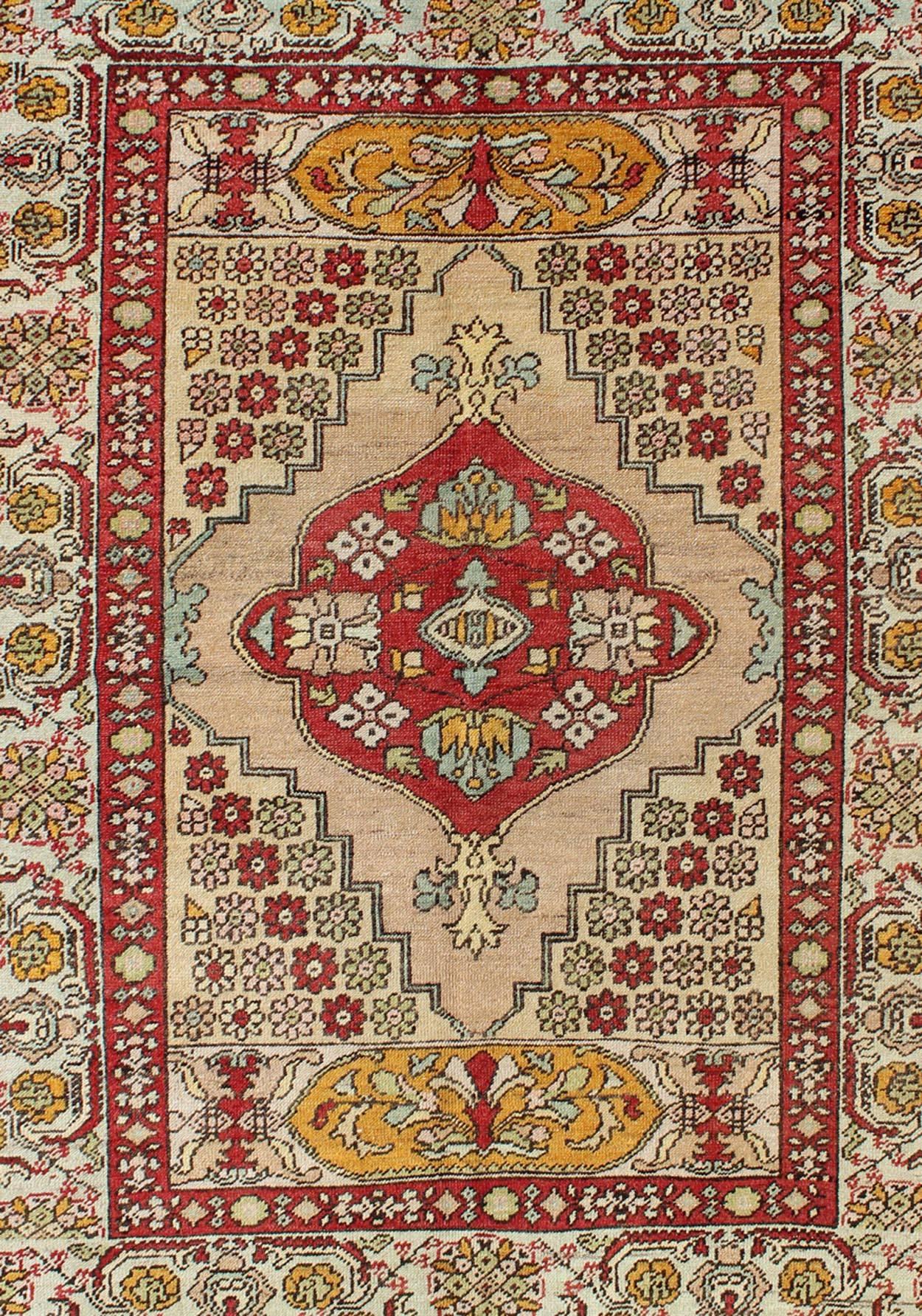 Hand-Knotted Sub-Geometric Antique Turkish Oushak Rug in Red, Gold , Green and Cream For Sale