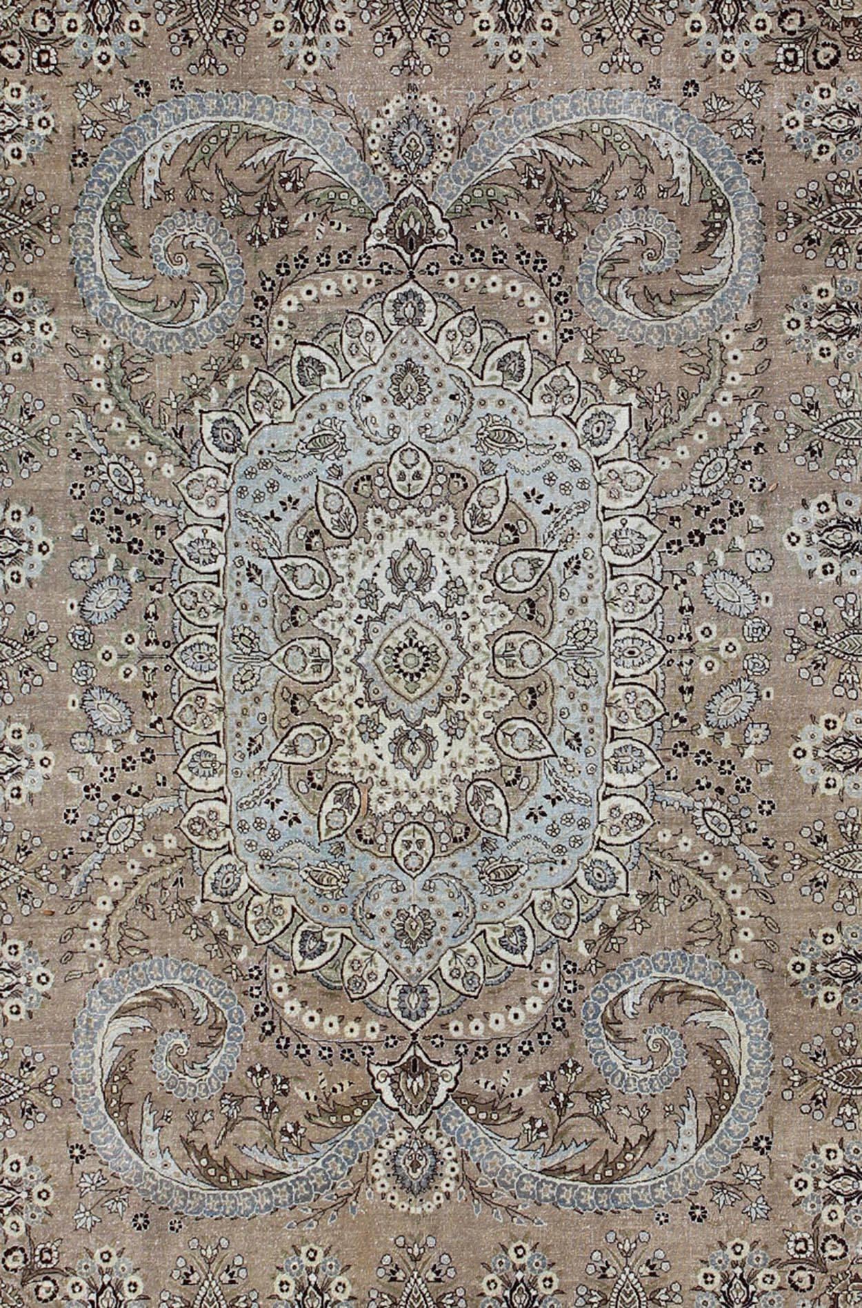 Tribal Vintage Persian Bakhtiari Rug with Stretched Medallion in Taupe, Gray and Brown For Sale