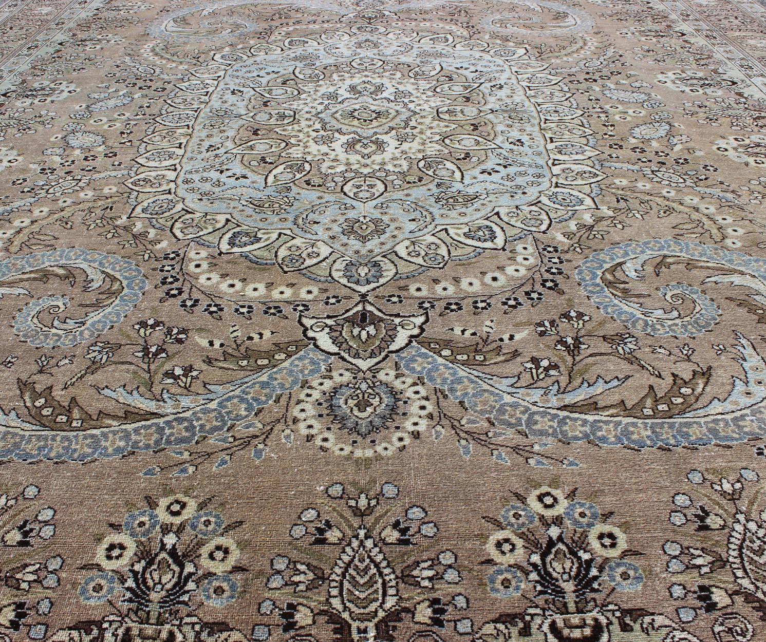 20th Century Vintage Persian Bakhtiari Rug with Stretched Medallion in Taupe, Gray and Brown For Sale