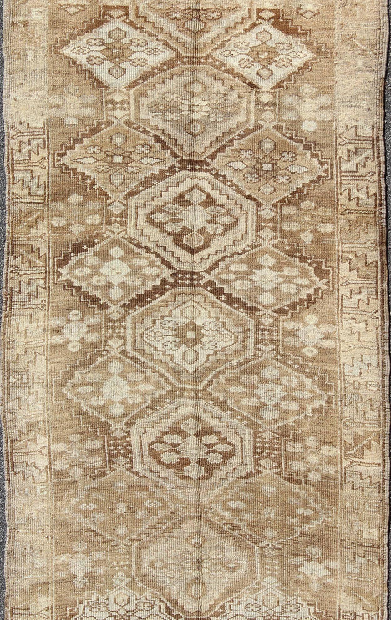 Hand-Knotted Cream and Tan Brown Vintage Turkish Oushak Runner with All-Over Diamond Design For Sale