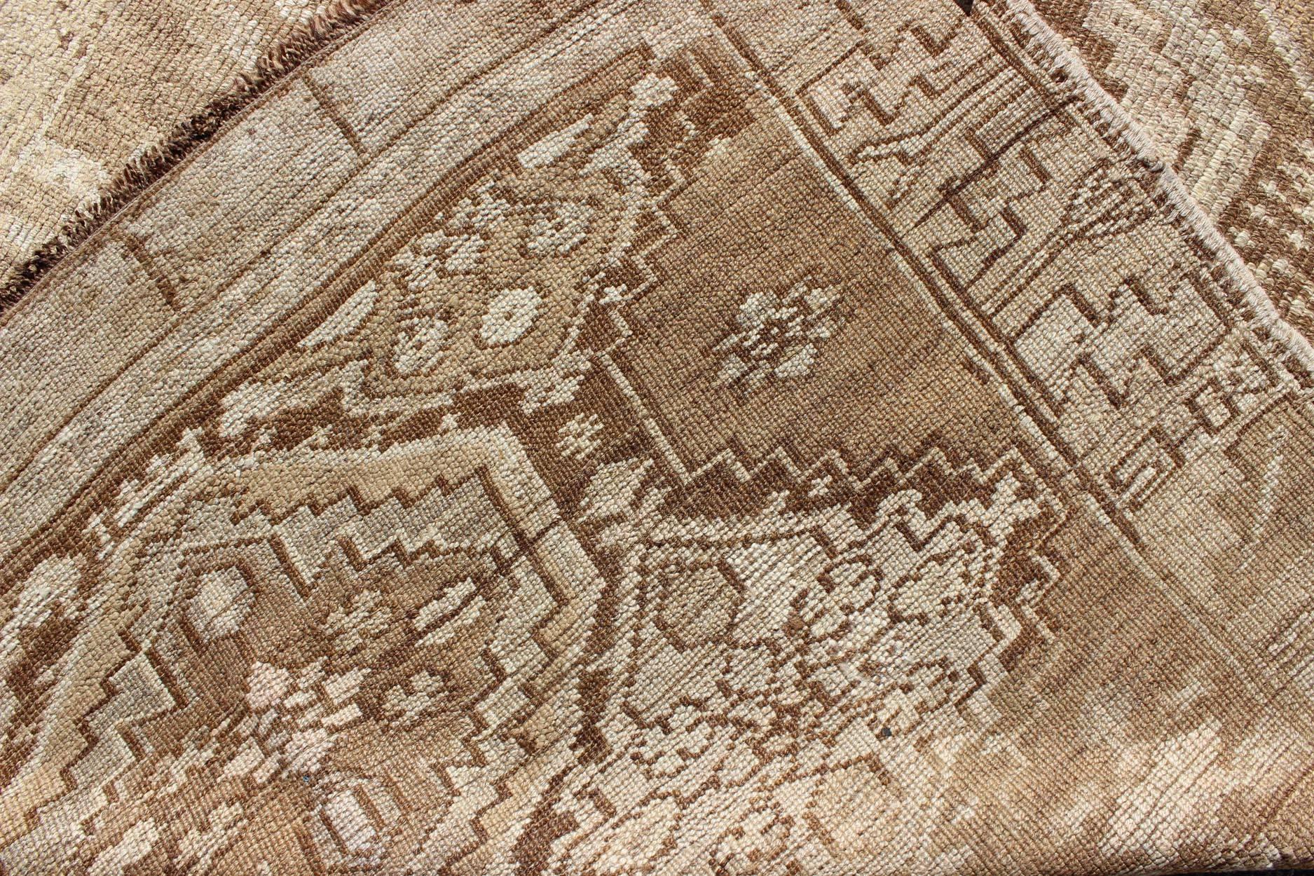 Wool Cream and Tan Brown Vintage Turkish Oushak Runner with All-Over Diamond Design For Sale