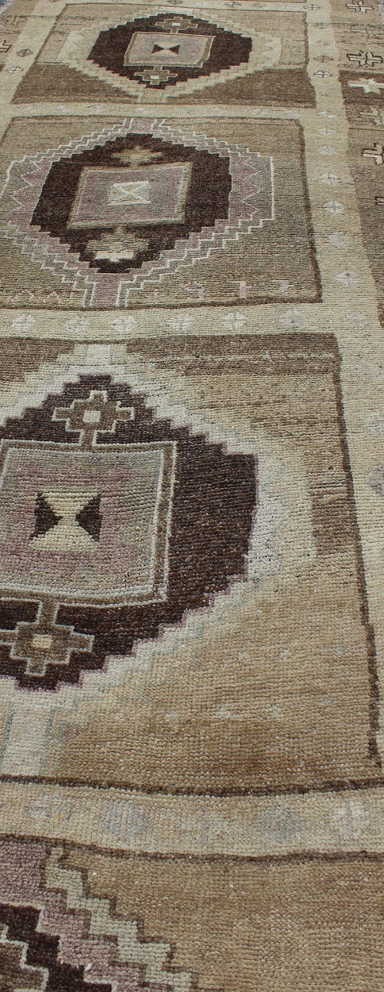 Mid-20th Century Shades of Brown Vintage Turkish Oushak Runner with Diamond Medallion Design