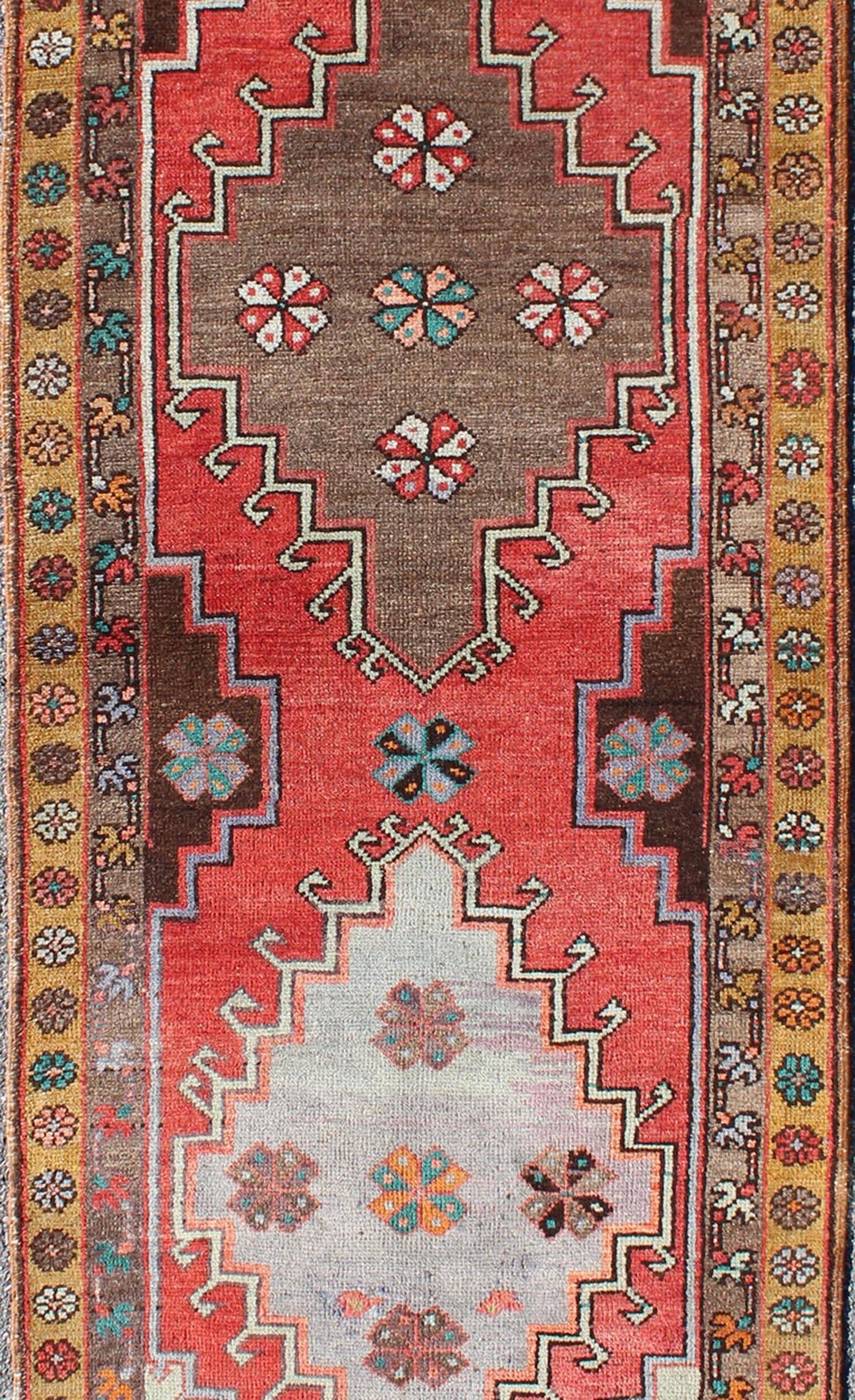 Hand-Knotted Vintage Turkish Oushak Runner with Sub-Geometric Tribal Medallions in Brown, Red For Sale