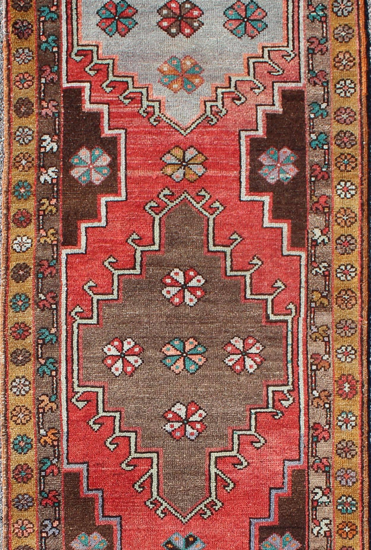 Vintage Turkish Oushak Runner with Sub-Geometric Tribal Medallions in Brown, Red In Good Condition For Sale In Atlanta, GA