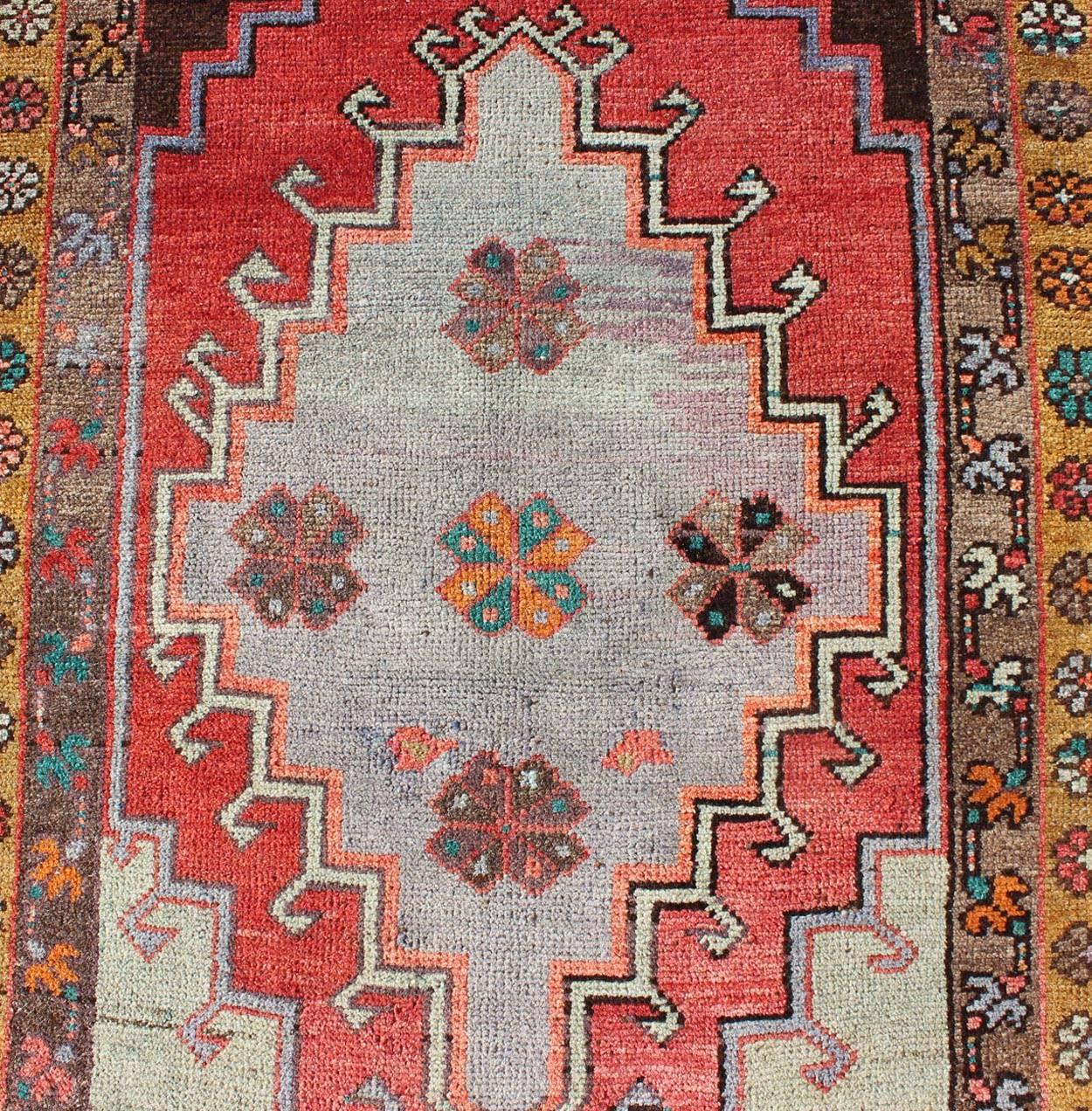 Wool Vintage Turkish Oushak Runner with Sub-Geometric Tribal Medallions in Brown, Red For Sale
