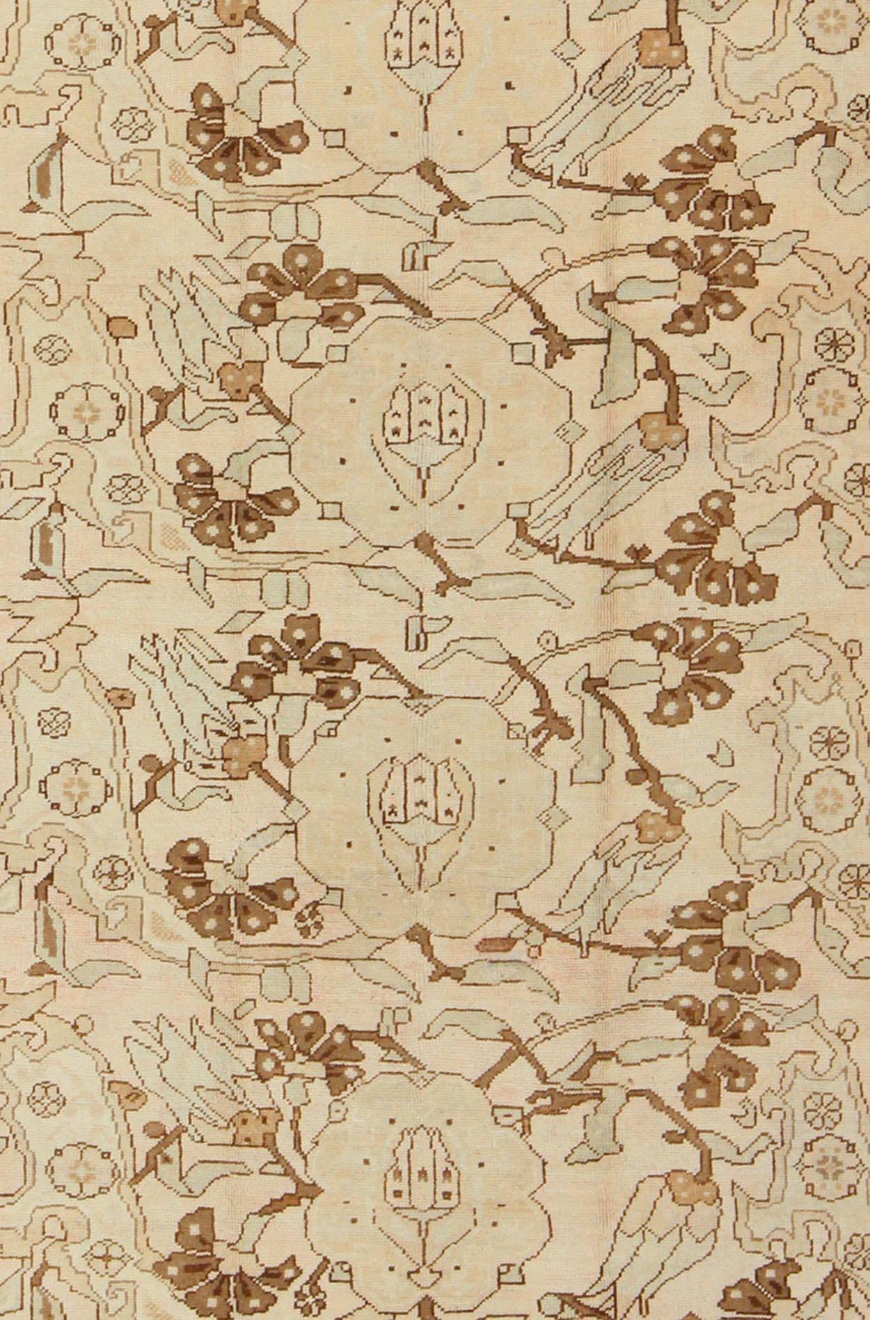 Hand-Knotted All-Over Entwined Blossoms Vintage Turkish Oushak Rug in Brown, Taupe, Cream For Sale