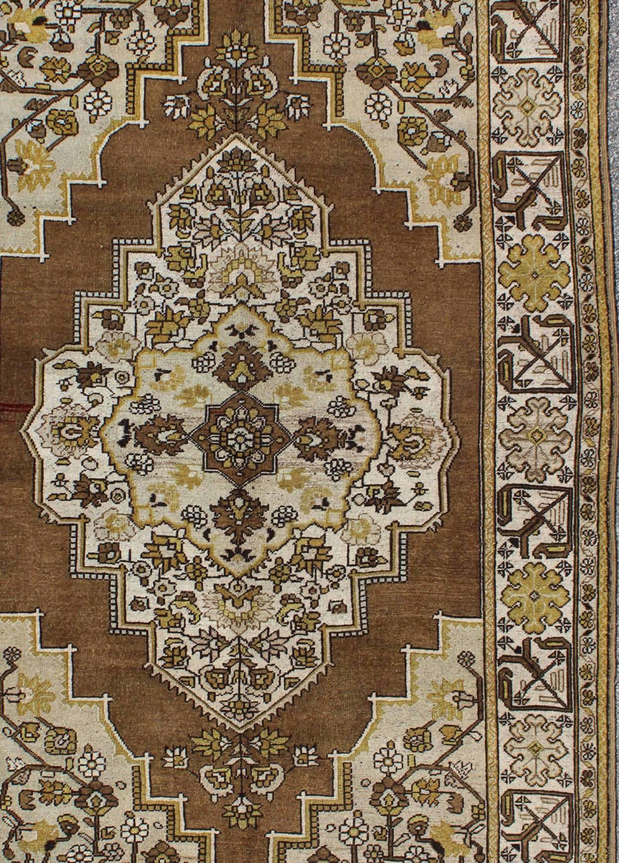 Mocha Brown, Chartreuse Vintage Turkish Oushak Rug with Ornate Floral Medallion In Excellent Condition For Sale In Atlanta, GA