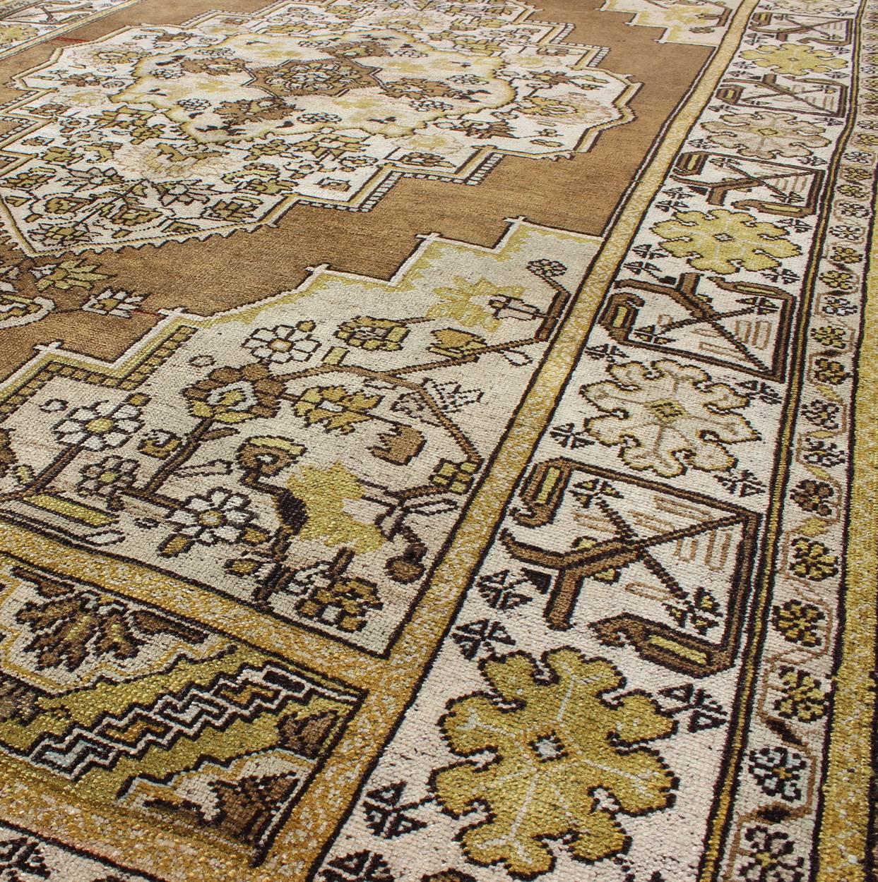 Mid-20th Century Mocha Brown, Chartreuse Vintage Turkish Oushak Rug with Ornate Floral Medallion For Sale