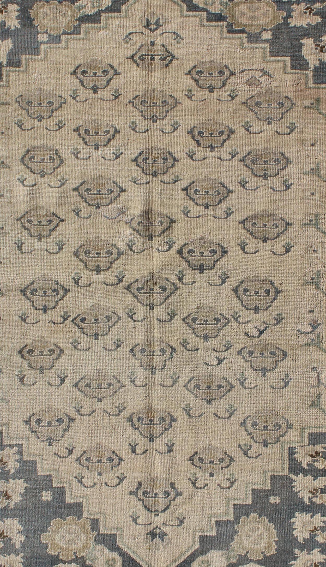Hand-Knotted All-Over Blossom Design Vintage Turkish Oushak Rug in Taupe and Greyish Blue