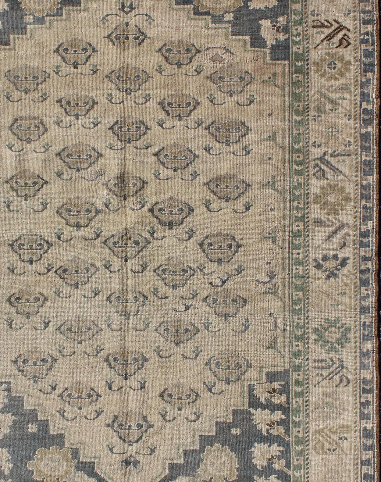 All-Over Blossom Design Vintage Turkish Oushak Rug in Taupe and Greyish Blue In Excellent Condition In Atlanta, GA