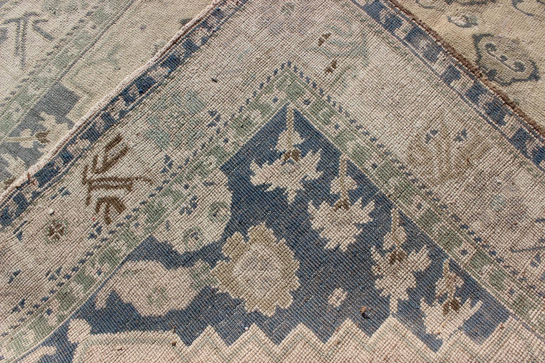 Wool All-Over Blossom Design Vintage Turkish Oushak Rug in Taupe and Greyish Blue