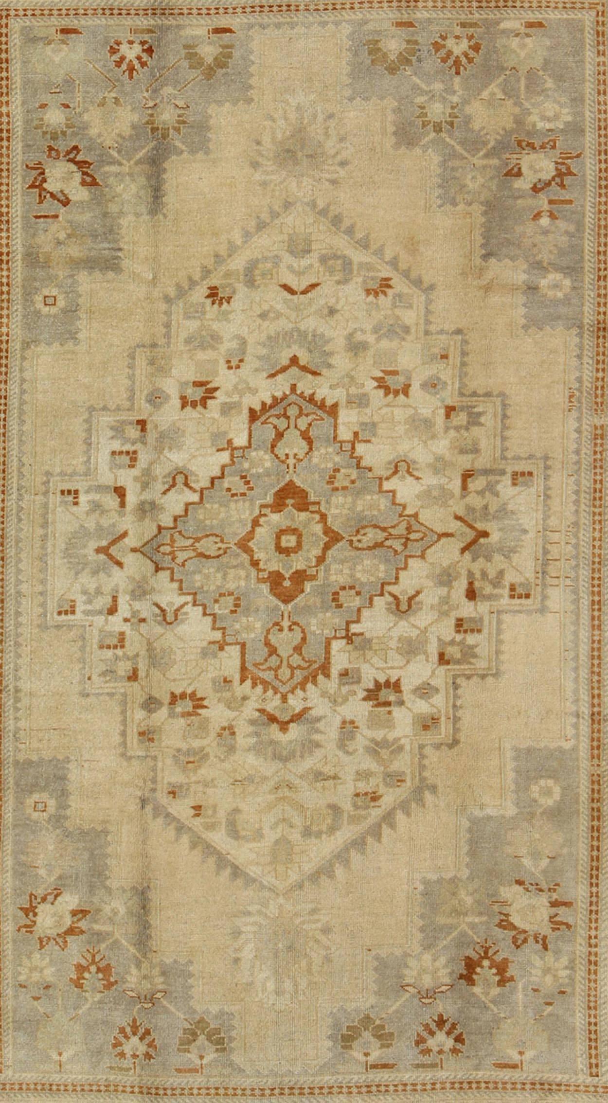 Hand-Knotted Floral Layered Medallion Vintage Turkish Oushak Rug in Cream, Ivory, Gray & Red For Sale