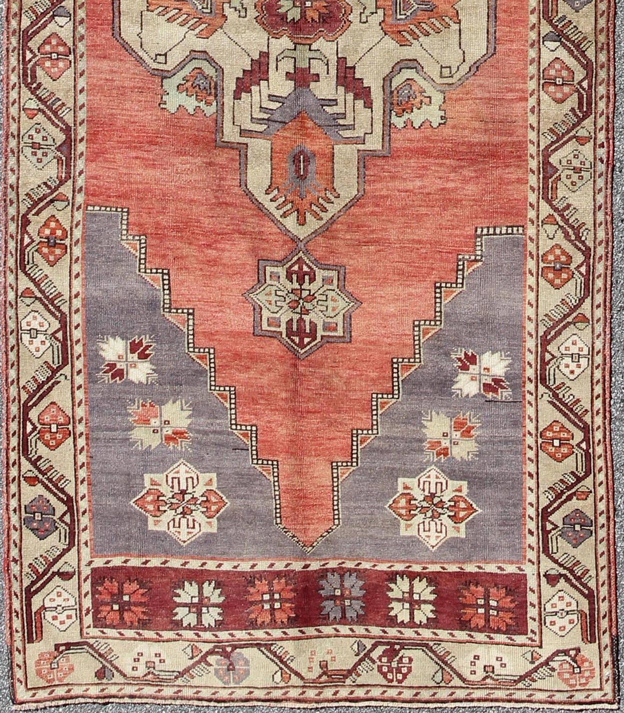   Vintage Turkish Oushak Gallery runner with geometric dual medallions in red, gray, ivory, rug Keivan Woven Arts/ rug/ TU-TRS-34561, country of origin / type: Turkey / Oushak, circa 1940

Measures: 4'11 x 14'7. 

This Turkish gallery runner