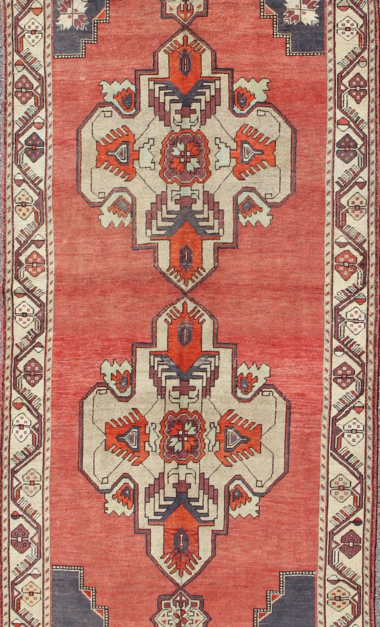 Hand-Knotted Vintage Turkish Oushak Gallery runner medallions in Light Green, coral red, gray For Sale